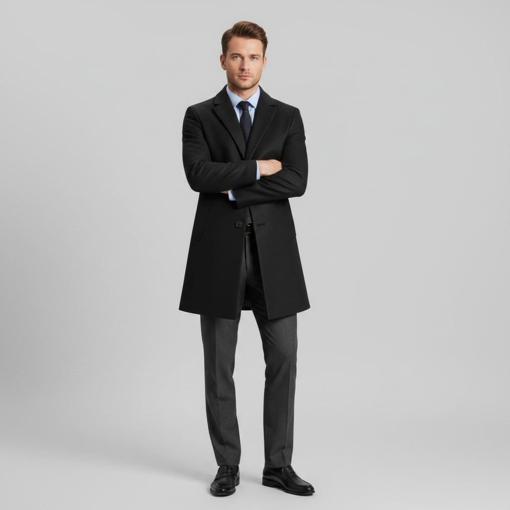 Men's Long Overcoat | Stylish Notched Lapel Winter Coat