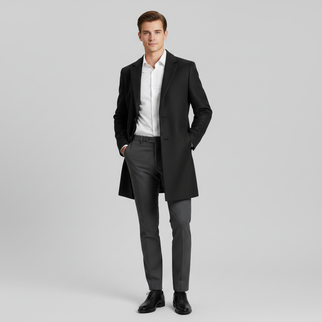 Men's Long Overcoat | Stylish Notched Lapel Winter Coat