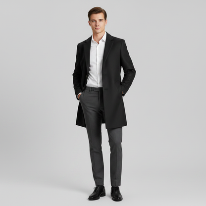 Men's Long Overcoat | Stylish Notched Lapel Winter Coat
