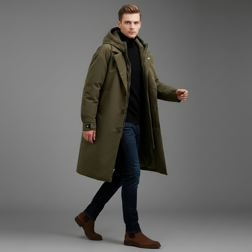 Men's Waterproof Puffer Trench Coat | Long Hooded Jacket