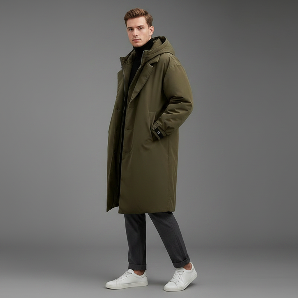 Men's Waterproof Puffer Trench Coat | Long Hooded Jacket
