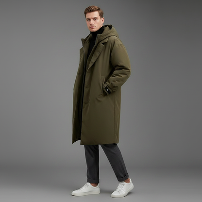 Men's Waterproof Puffer Trench Coat | Long Hooded Jacket