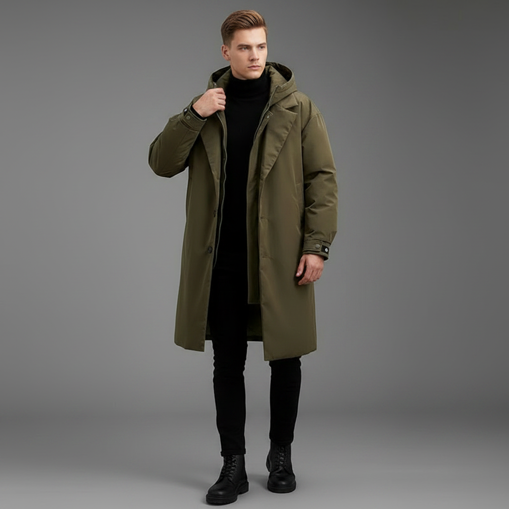 Men's Waterproof Puffer Trench Coat | Long Hooded Jacket
