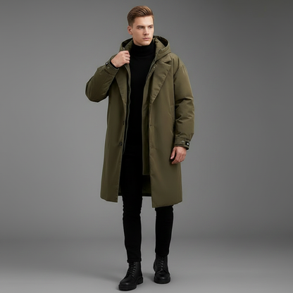 Men's Waterproof Puffer Trench Coat | Long Hooded Jacket