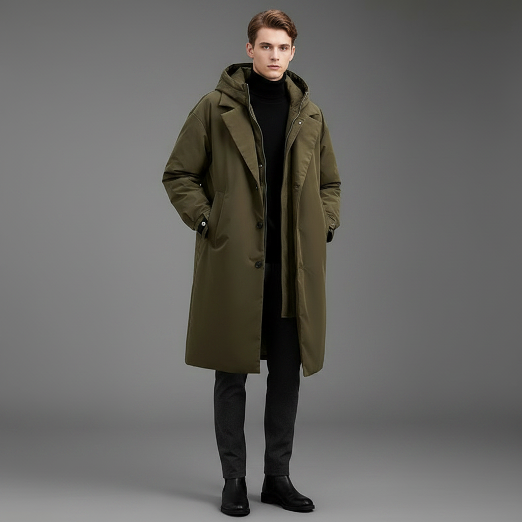 Men's Waterproof Puffer Trench Coat | Long Hooded Jacket