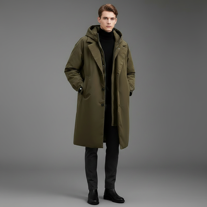 Men's Waterproof Puffer Trench Coat | Long Hooded Jacket